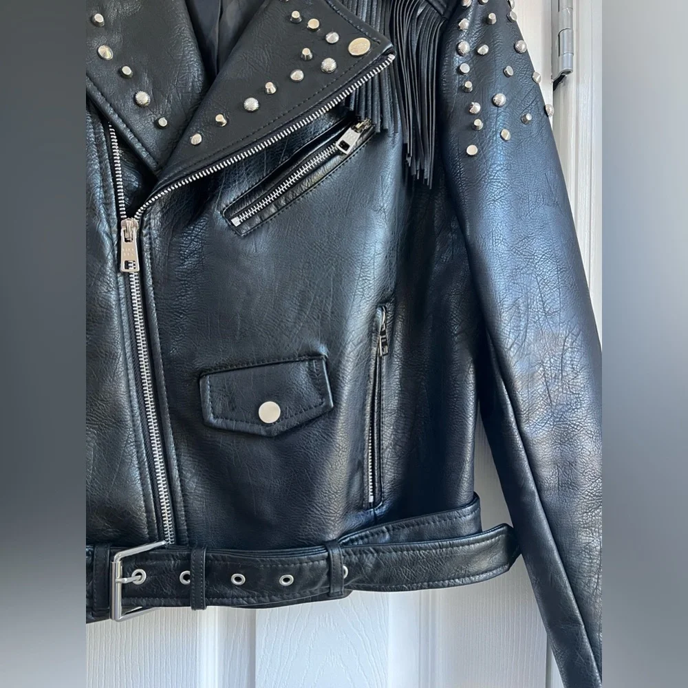 PINK ROSE Black Studded Fringe Leather Moto Jacket - Picture 4 of 10